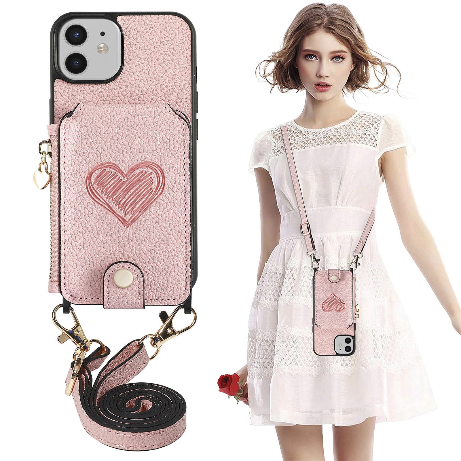 Kickstand Case til iPhone 12/12 Pro 6,1 tommer lynlås tegnebog PU læder PC TPU telefoncover med snor Kickstand Case til iPhone 12/12 Pro 6,1 tommer lynlås tegnebog PU læder PC TPU telefoncover med snor